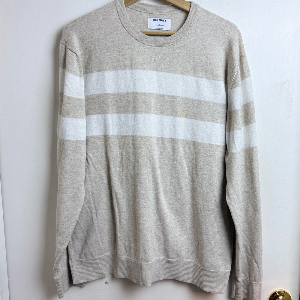 Old Navy Mens Core Crew Neck Cotton Sweater Preppy Lrg Oatmeal Stripe Nautical